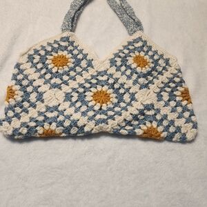 Handcrafted Crochet Tote Bag - Blue and White